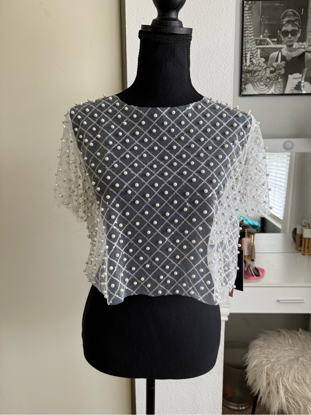 iris White Pearl-Embellished Sheer Crop Top